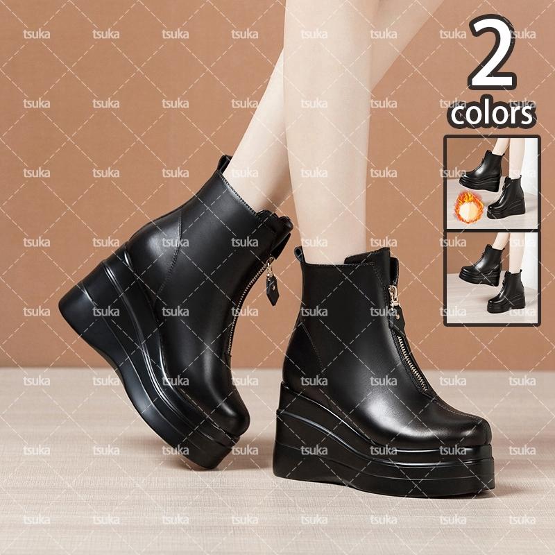 ショートブーツ 軽量 本革調 厚底 ウェッジソール 8センチ ヒール