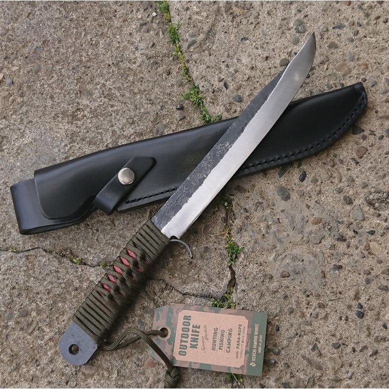 秀存昭三作 青紙鋼 剣ナタ(狩猟刀) 諸刃（両刃） 特製厚口本皮ケース付