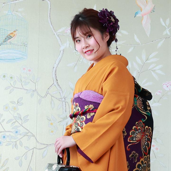 振袖レンタル 成人式 高級正絹 FS-811 無地 単色 刺繍 金茶色 御所車