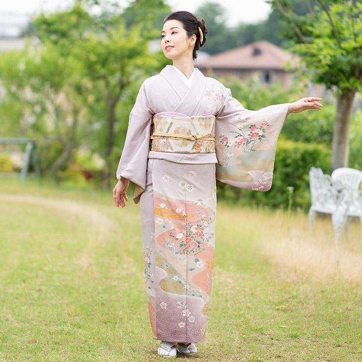 レンタル フルセット 高級正絹 訪問着 HO-MA602 紅藤色 流水に椿 結婚