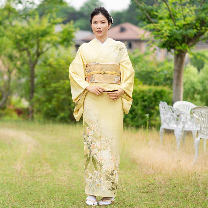 レンタル フルセット 高級正絹 訪問着 HO-MI088 淡黄色 菊・梅・笹