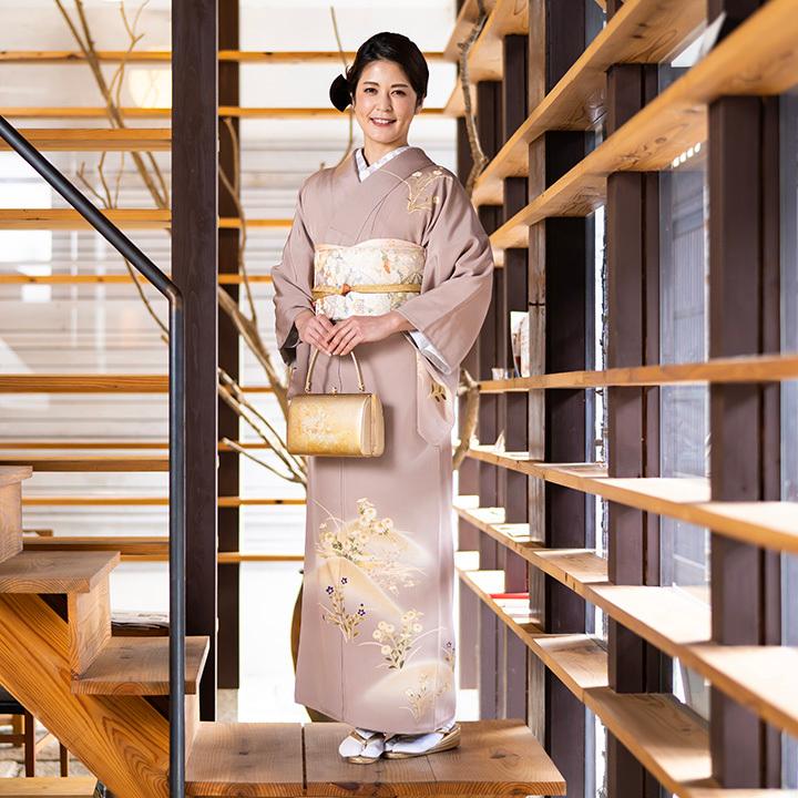 レンタル フルセット 高級正絹 訪問着 HO-MI220 茶鼠色 菊・萩・桔梗