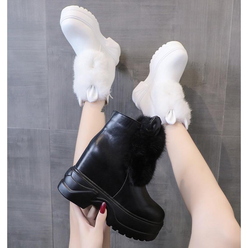 ショートブーツ レディース 厚底 美脚 インヒール ブーティ ファー付き
