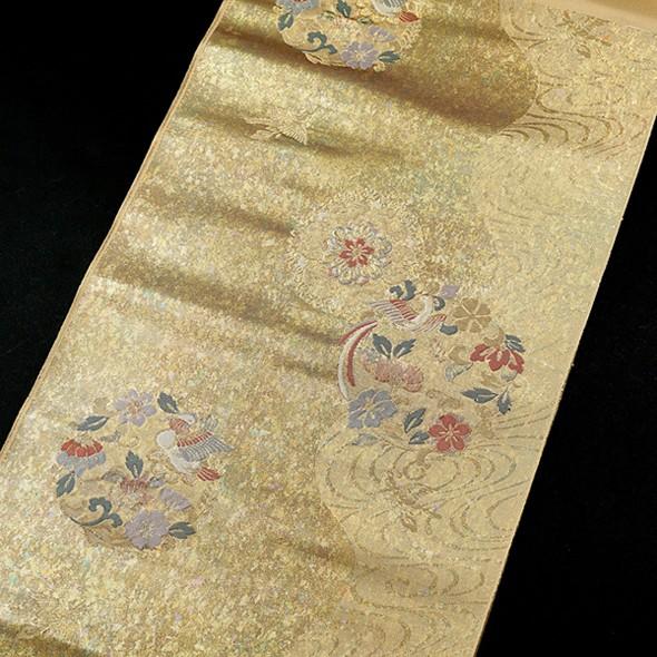 九寸 名古屋帯 正絹 引箔織 華文 鳥 未仕立て 西陣織工業組合 362 在庫