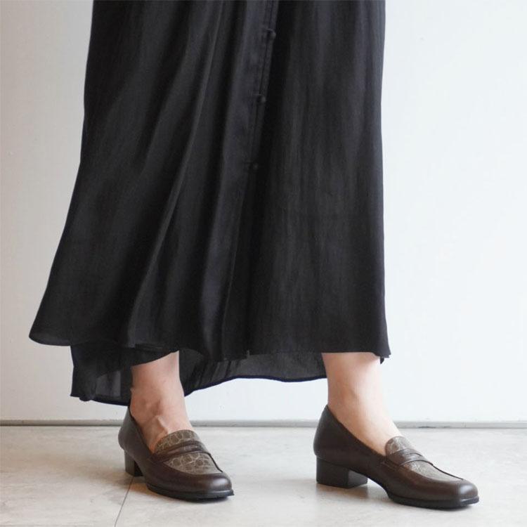 クロココンビローファー ブラック 黒 ブラウン 型押し ワニ BLACK 牛革