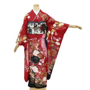中古品)仕立て上がり 振袖 「黒茶 赤ぼかし 乙女桜」貸衣装処分