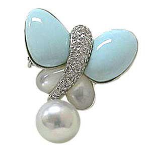 蝶々 ターコイズ トルコ石 ダイヤモンド アコヤ真珠 パール 白蝶貝