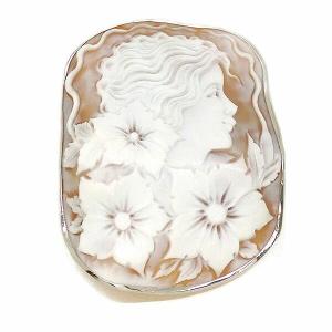 シェルカメオブローチ K18YG ペンダントトップ兼用 女性 横顔 花