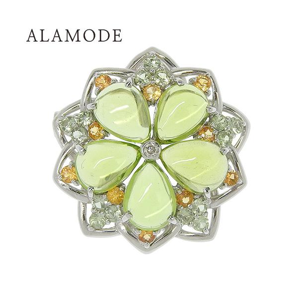 ペリドット サファイア ダイヤ フラワーブローチ K18 K14 WG