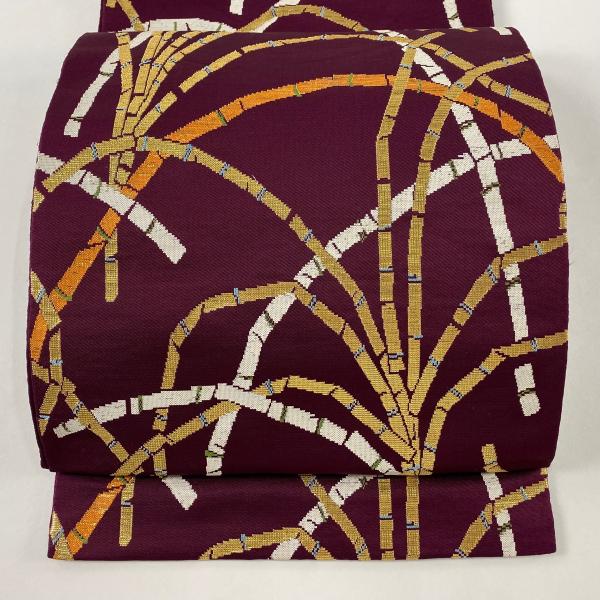 袋帯 逸品 龍村平蔵 落款あり 豊公芒文錦 金糸 箔 赤紫 六通 正絹 中古