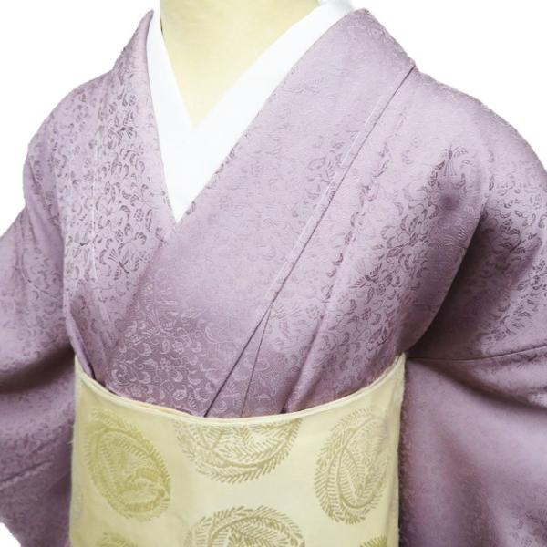 色無地 着物 中古 正絹 袷 フォーマル 紋付き 地模様 鳳凰唐草文様 薄