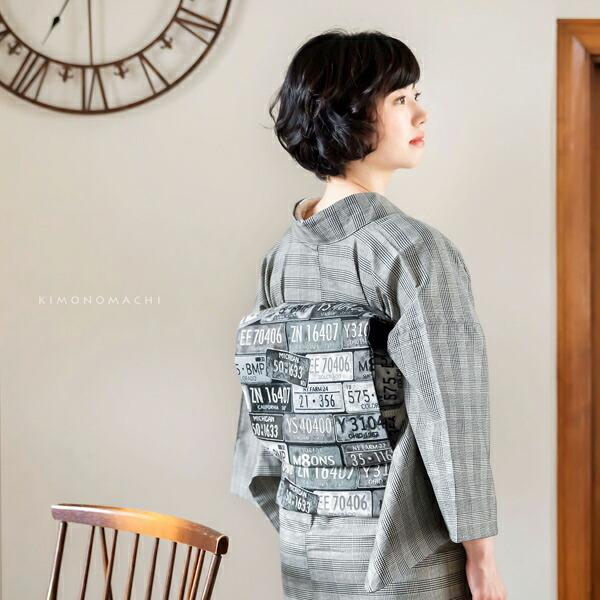 KIMONOMACHI 洗える着物 木綿着物と木綿名古屋帯の2点セット 「グレー
