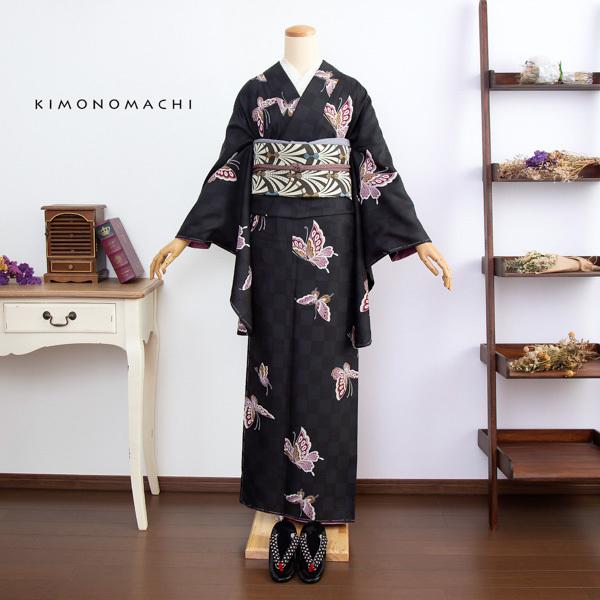 KIMONOMACHI 二尺袖着物 単品 「飛び蝶 黒市松」 KIMONOMACHI