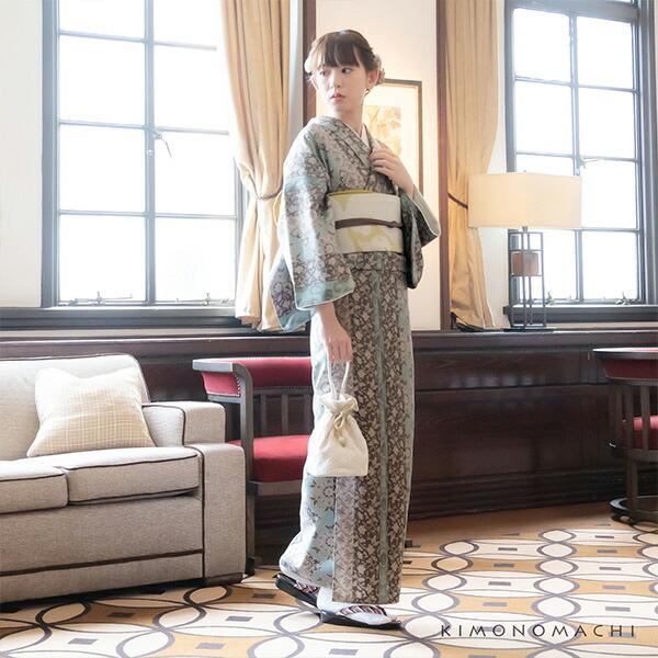 KIMONOMACHI 洗える着物 セット 「袷着物：縞更紗水色＋京袋帯：日向の