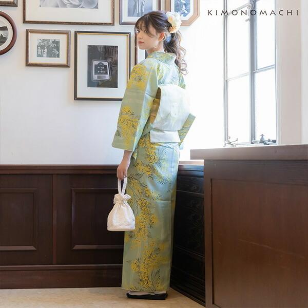 KIMONOMACHI 洗える着物 セット 「袷着物：ミモザに立涌錆青磁色＋京