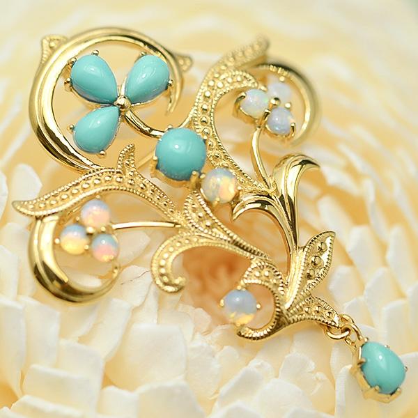 碌山 ターコイズ オパール ブローチペンダント 繊細で美しい植物