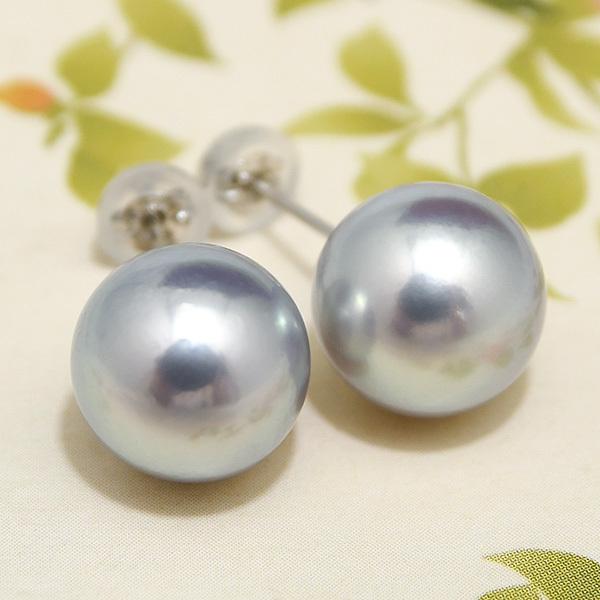 10mm ブルーグレー アコヤ真珠 ピアス イヤリング K14WG SV925 特大珠
