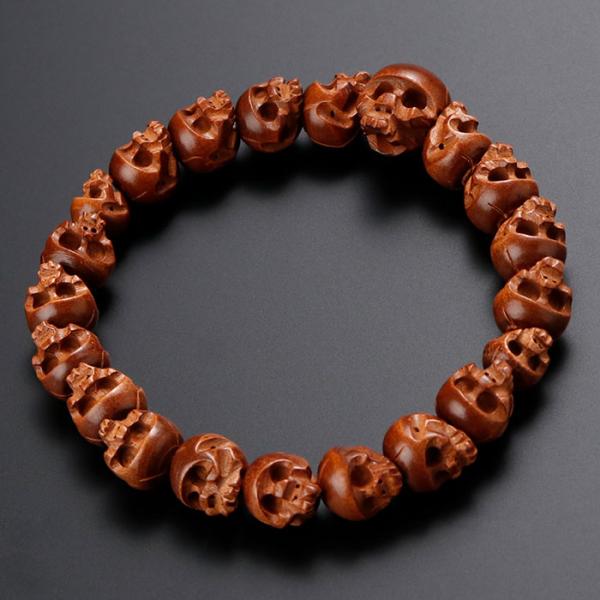 数珠 パワーストーン はな花 数珠ブレスレット 髑髏彫り 柘植 腕輪念珠