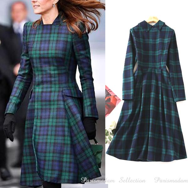 タータンチェックワンピース ひざ下丈 フレアスカート グリーン系 長袖