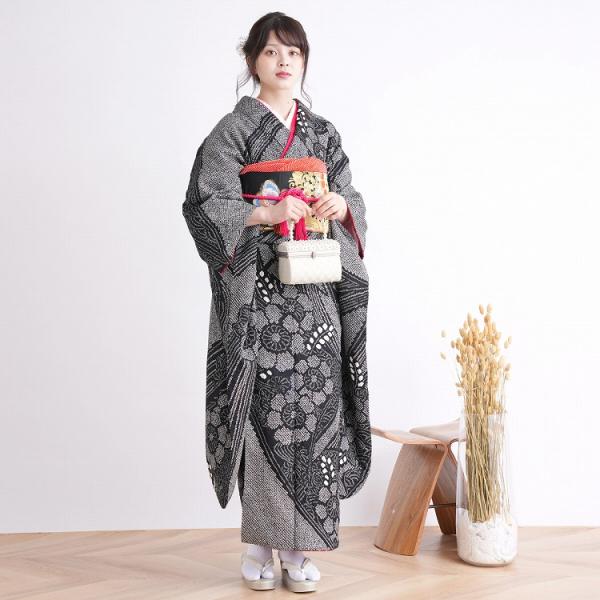 振袖 レンタル 成人式 21点セット レトロ 振袖セット 花 黒系 正絹