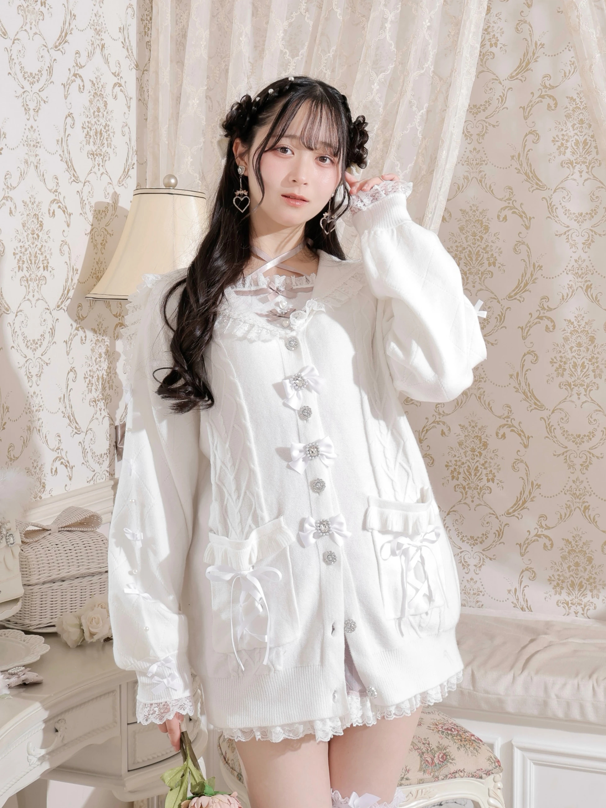 メニーリボンケーブルセーラカーデ（カーディガン｜黒・オフホワイト