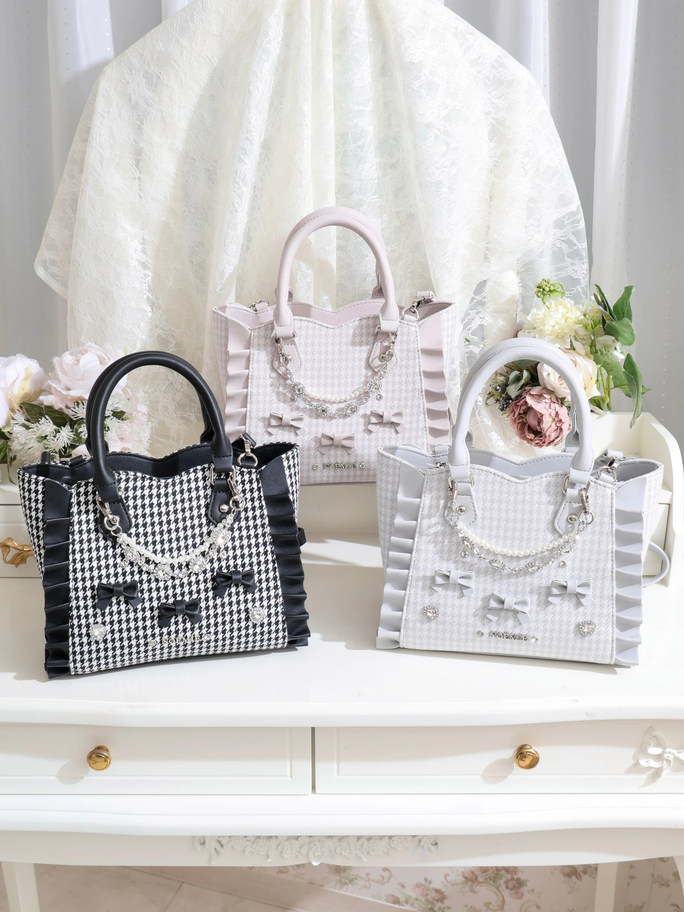 千鳥柄ビジューフリル2wayショルダーバッグ（ショルダーバッグ｜ピンク