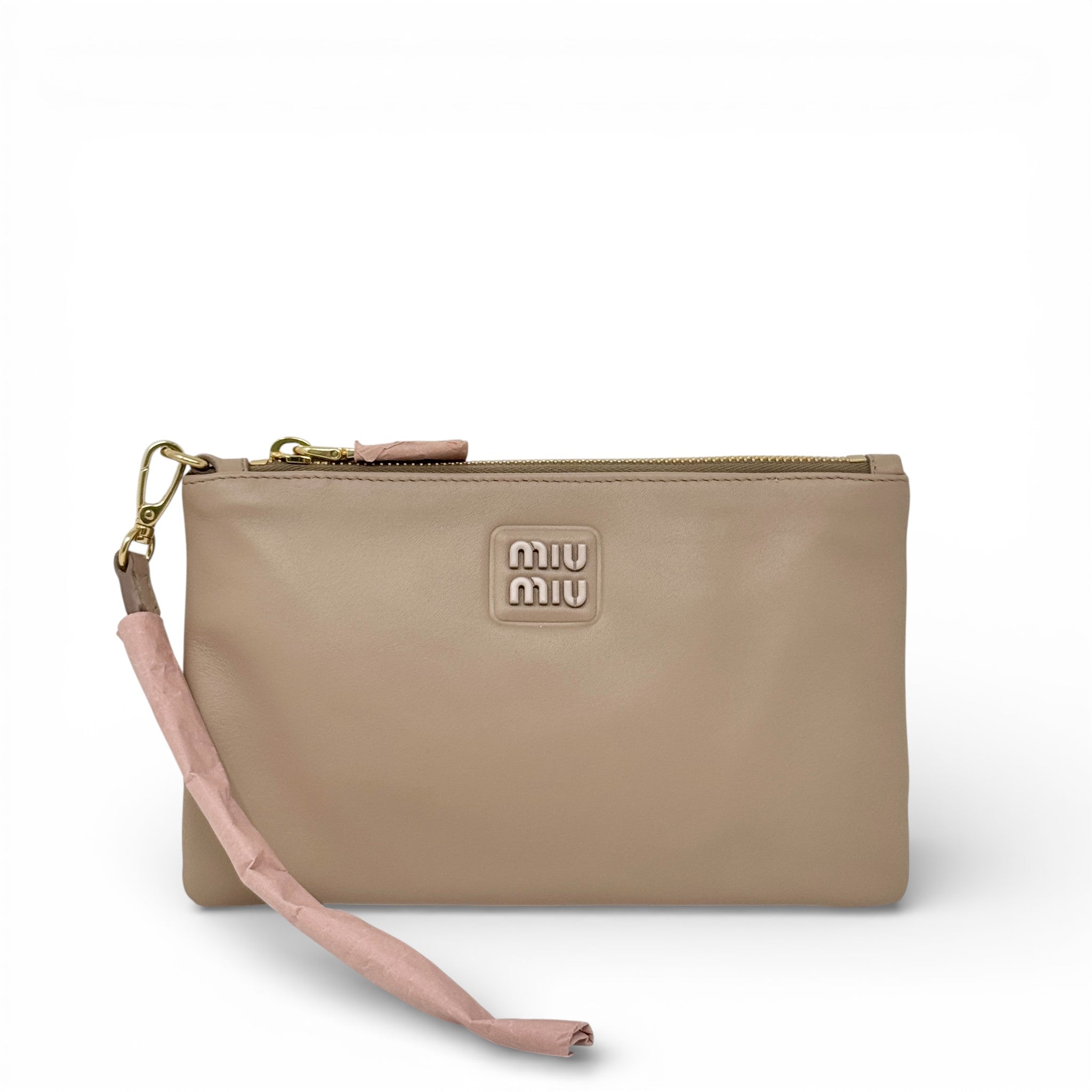 Miu Miu Beige Logo Zip Pouch | Jadore Couture