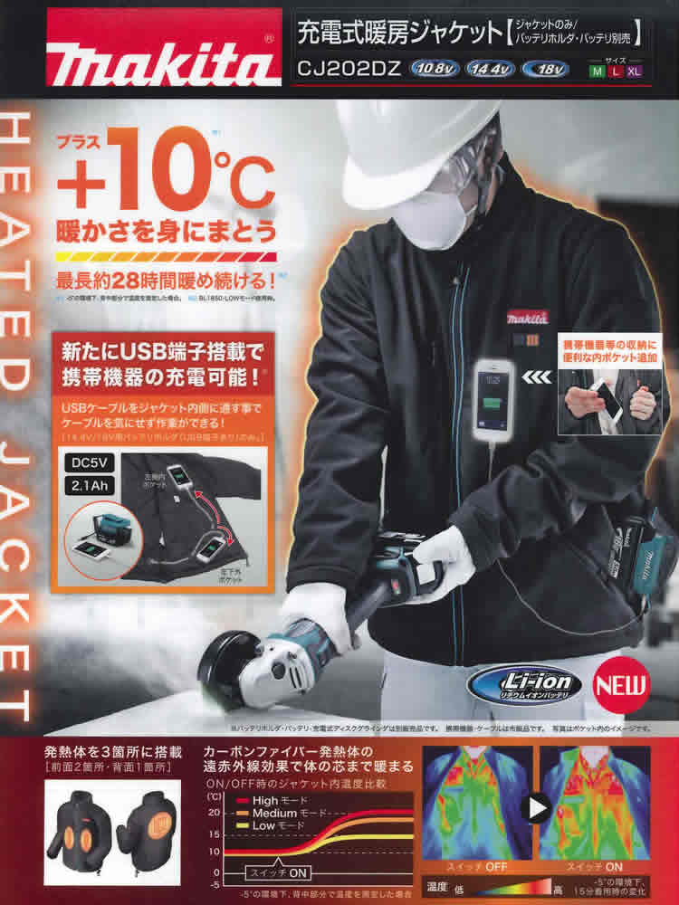 除雪機防寒着・ブーツ・手袋・アイゼンマキタ 充電式暖房ジャケット