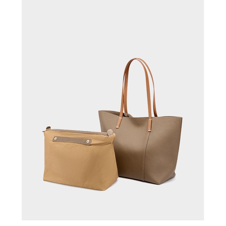 インナーミニバッグ付きグレーソフトレザートートバッグ | Baginning