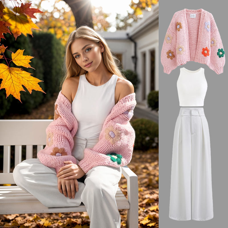 フラワー刺繍ハンド編みニットカーディガン ピンク - Boho Chic, Indie
