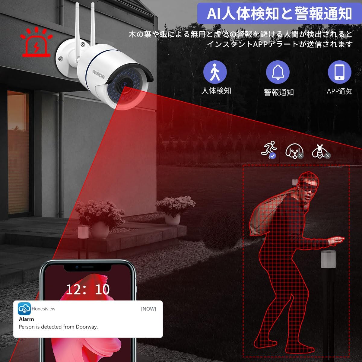 300万画素 追加用ワイヤレス防犯カメラ 単独使用不可 IP67防水防塵