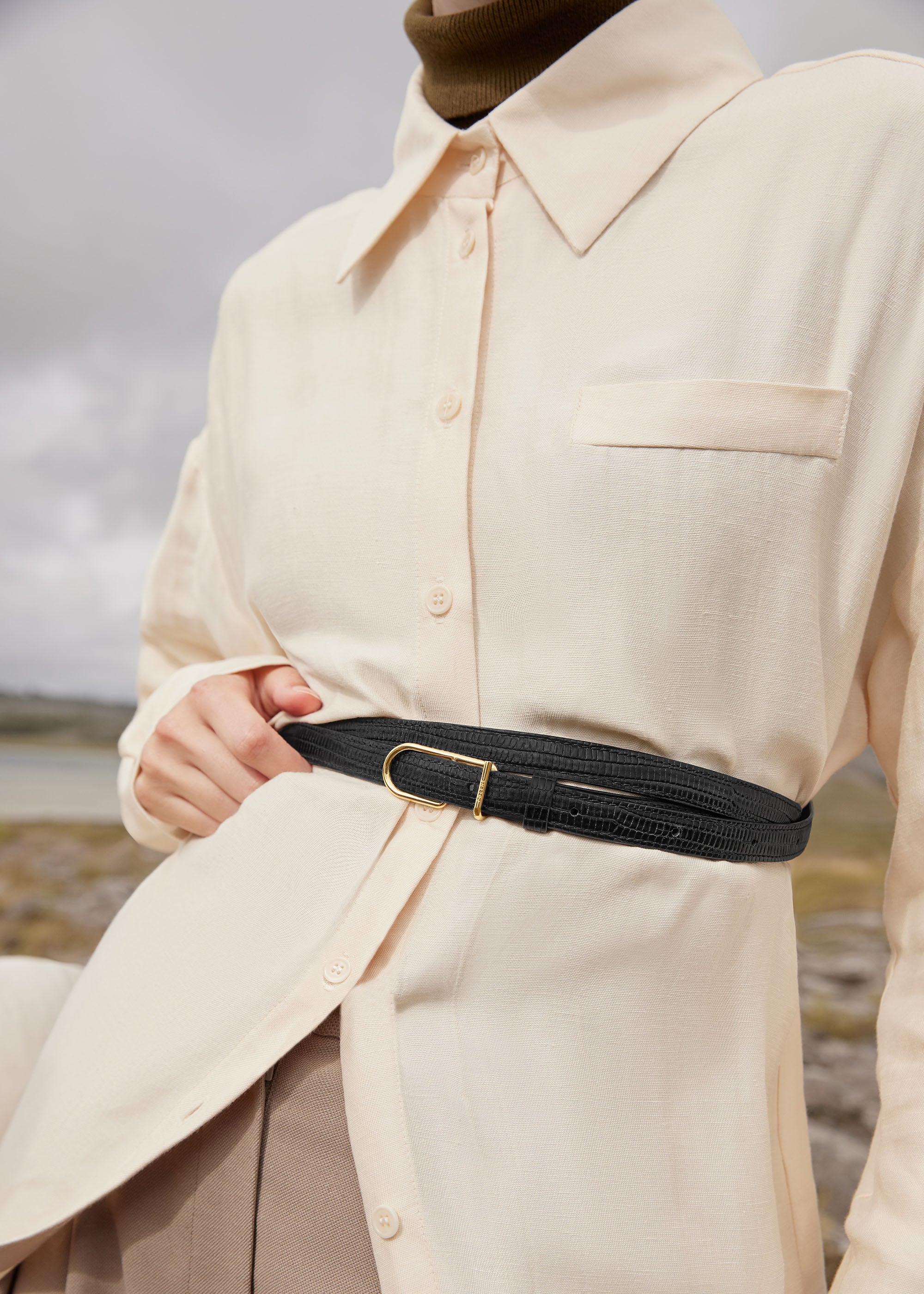 Polène | ベルト - Umi スキニー - ブラック リザード型押し