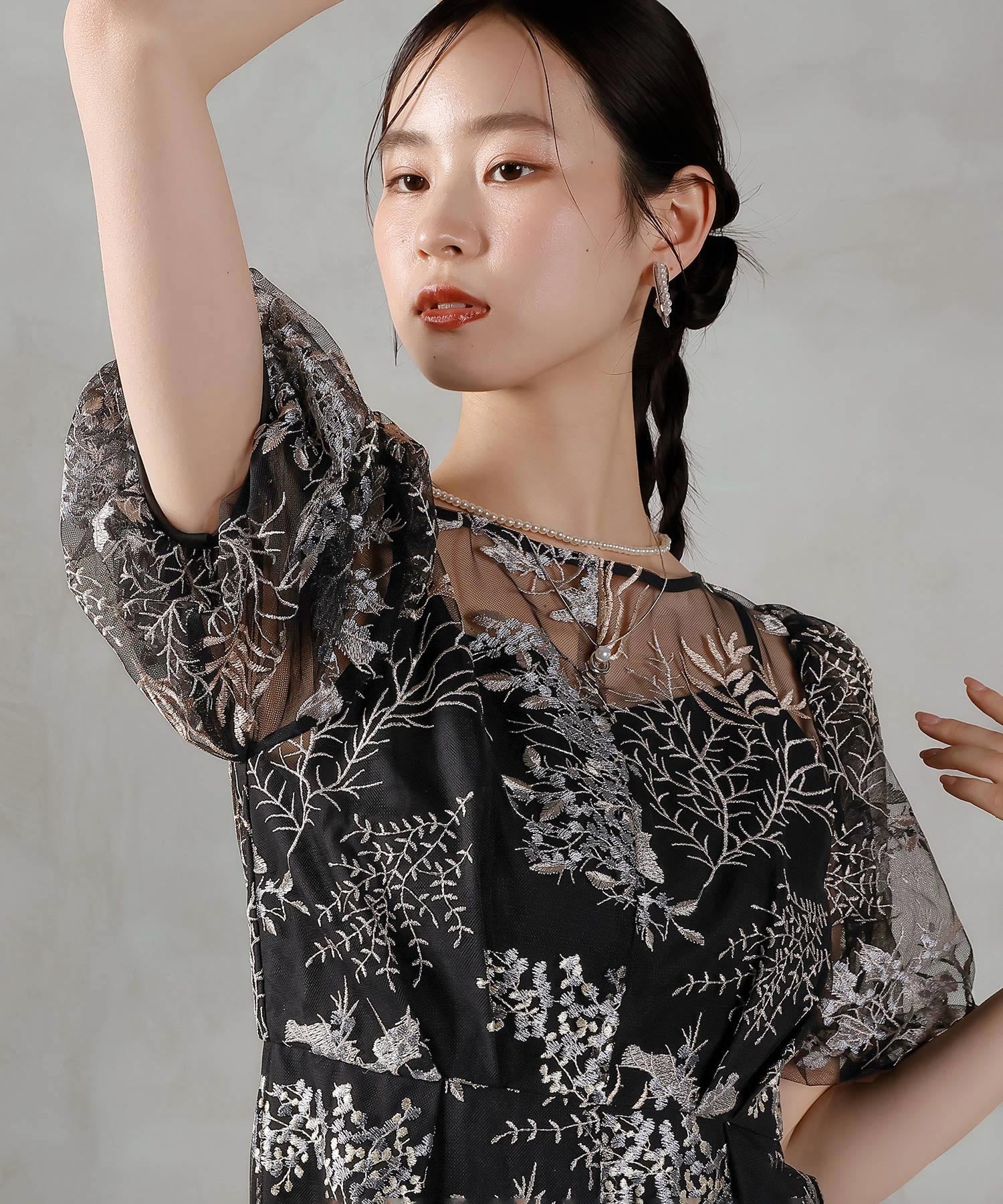 ボタニカル 刺繍 パフスリーブ ワンピース