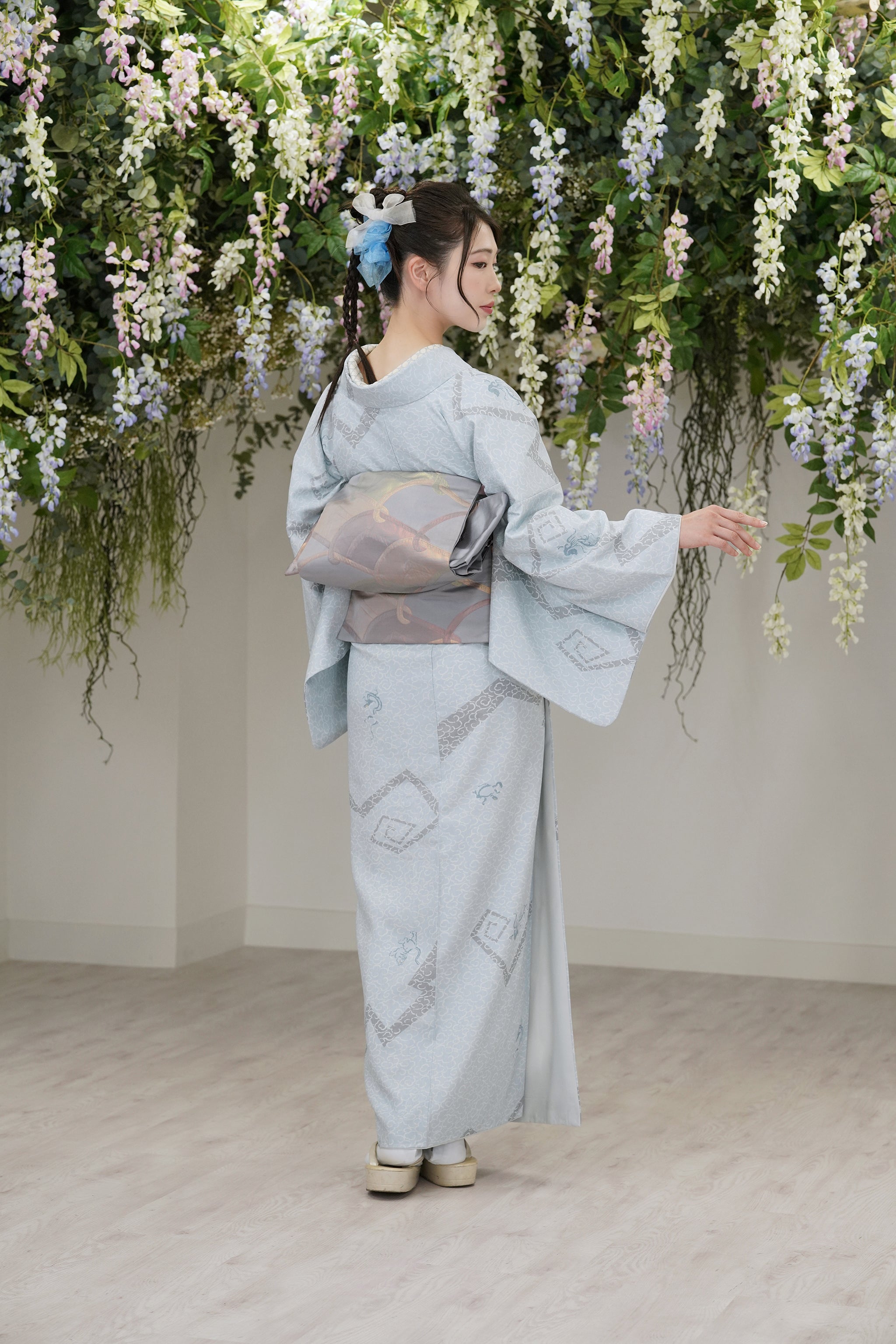 東レシルック 小紋 ～fuku～「雷雲に四神」ブルーグレー 【袷・単衣用