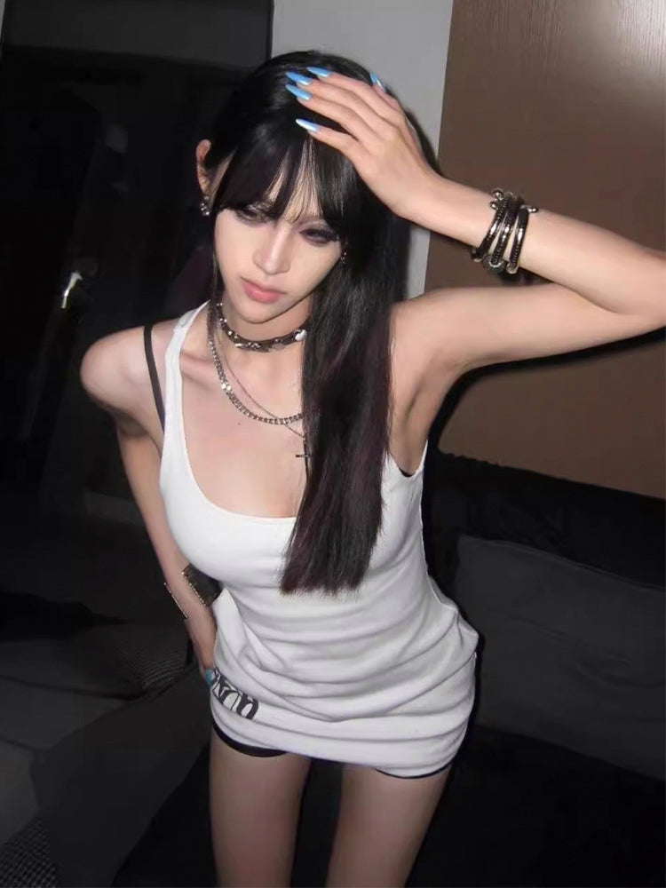 Y2Kギャルホワイトプリントクロスデザインタイトキャミソール