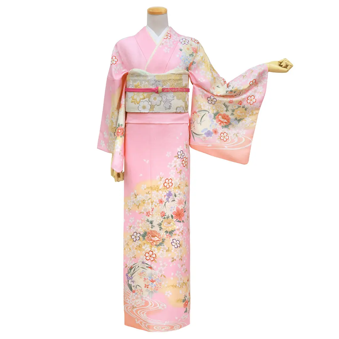 ピンク地に流水と牡丹の訪問着（袷）（ポリエステル） | 宅配着物