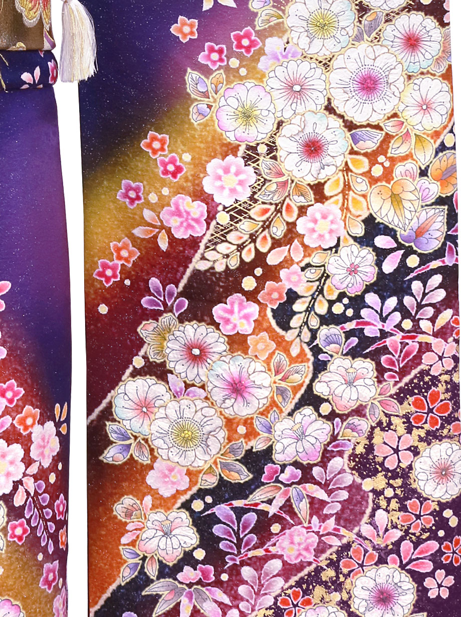 紺と紫地に辻が花調の振袖／Queenサイズ | 宅配着物レンタルの京都かし