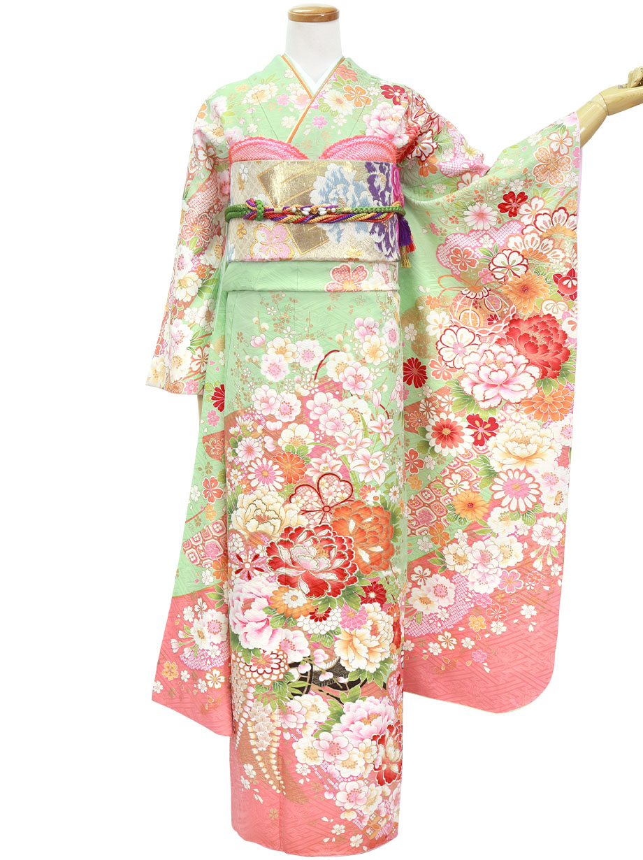 エメラルドグリーン色に花車の振袖／標準サイズ | 宅配着物レンタルの