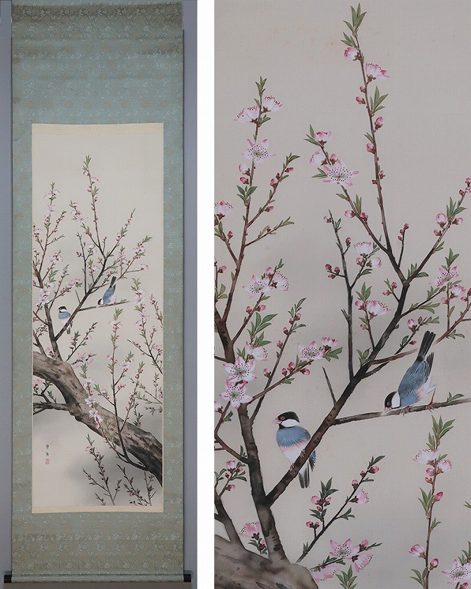 河野華崖 桃花小禽図 | 掛軸(掛け軸)販売／表装ご依頼は掛軸いっぷく