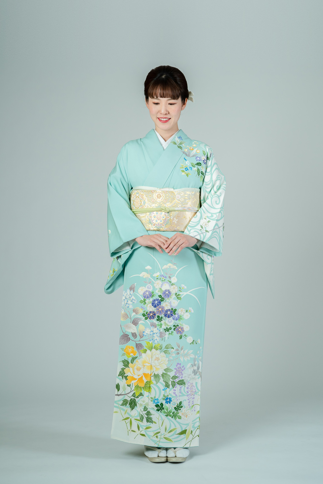 最高級・京友禅・訪問着レンタル】青緑系 菱健謹製 四季の花 MLサイズ