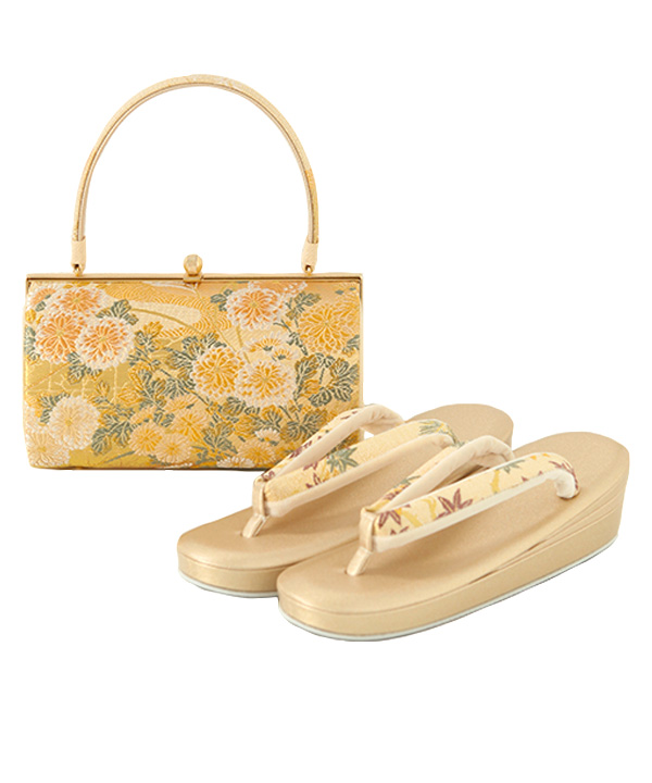 オプション小物レンタル】草履バッグセット 菊柄 3枚芯 ゴールド L