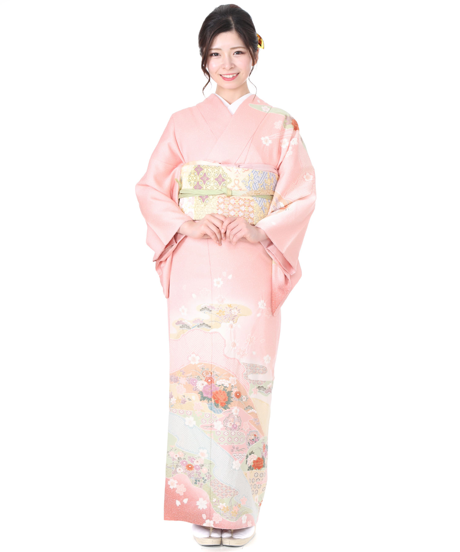訪問着レンタル｜ピンクに牡丹と雪輪｜H0043｜M｜宅配着物レンタル