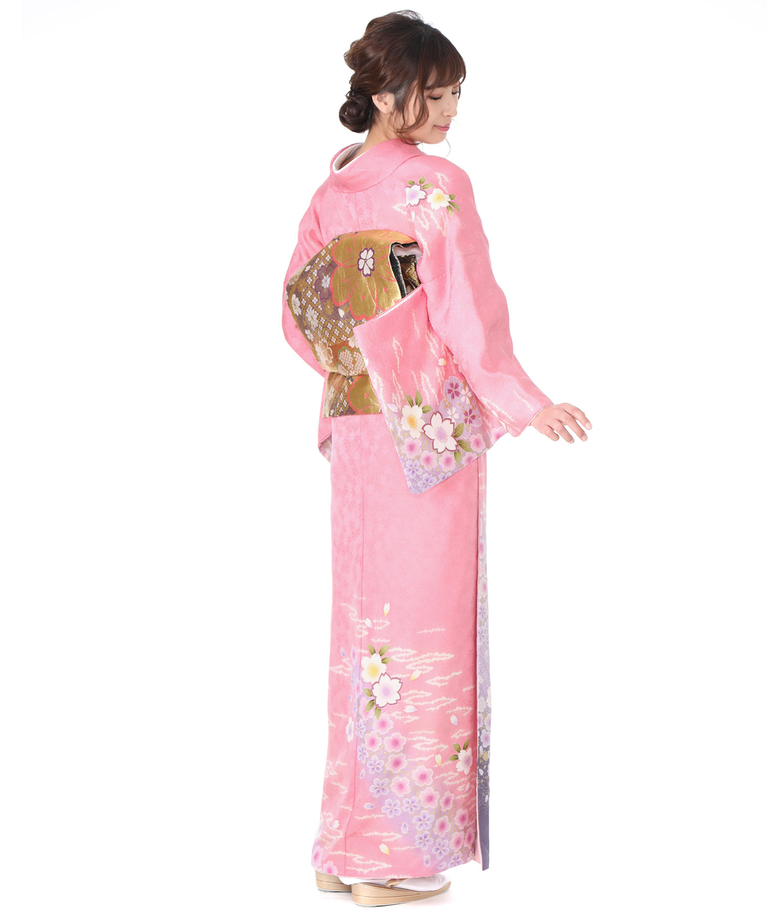 訪問着レンタル｜ピンク地に桜の花筏｜H0015｜M｜宅配着物レンタル