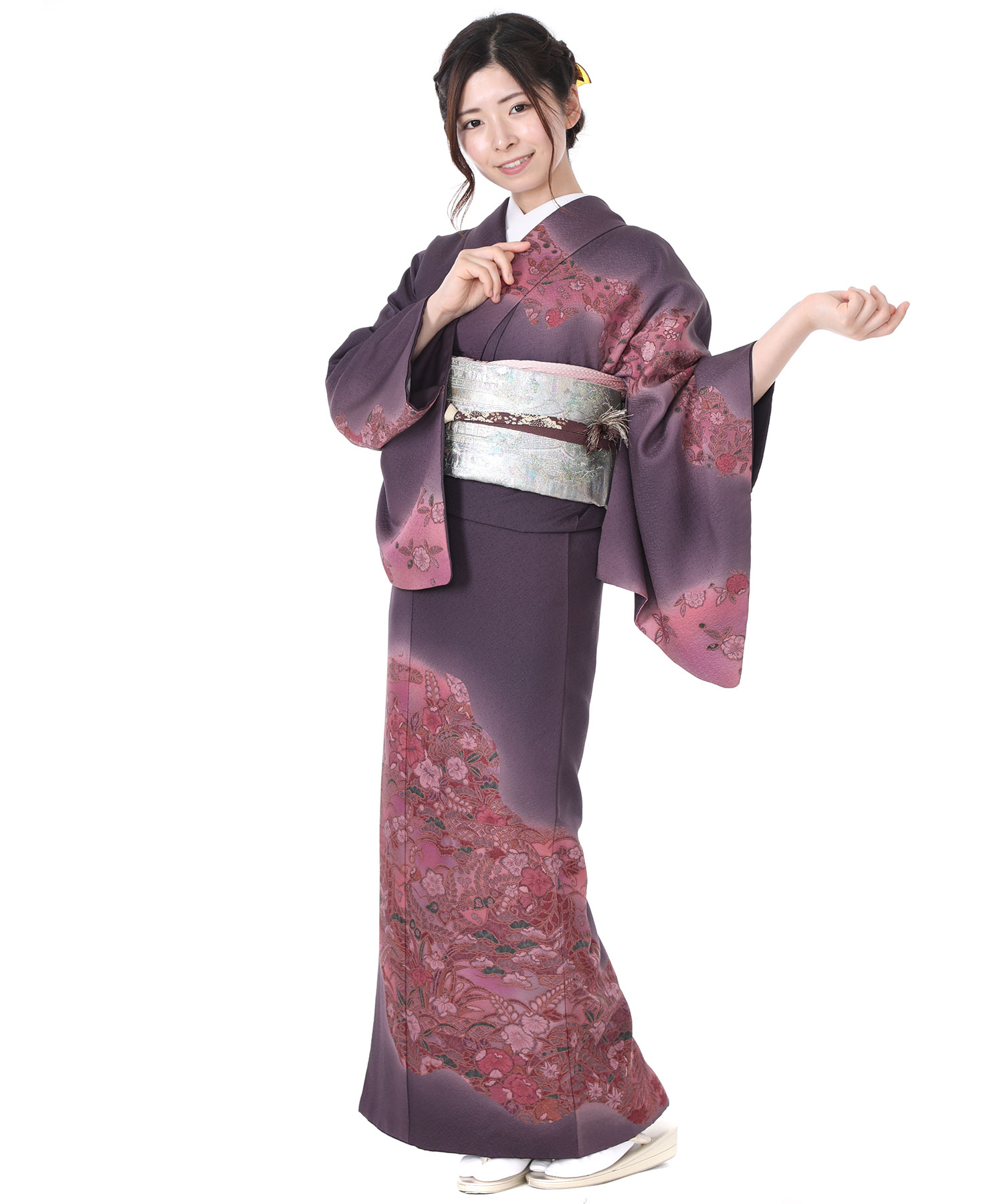 作家もの 付け下げ 花模様 ベージュ系 着物 042w d 付け下げ ぼかし