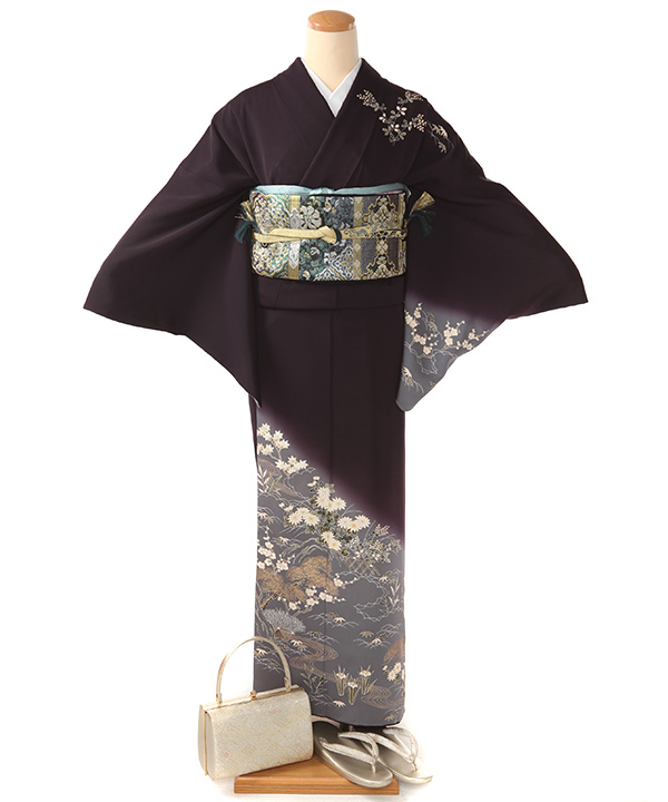 訪問着レンタル｜訪問着｜勝色に四季草花｜H0333｜M｜宅配着物レンタル