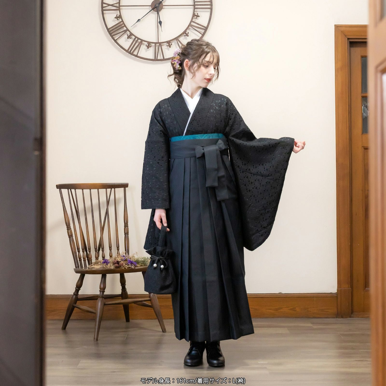 レース二尺袖と袴 4点セット 「二尺袖：ブラック×ブラック＋袴：黒 椿