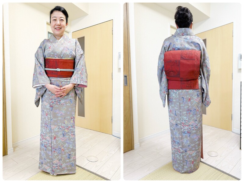 色とりどりの柄小紋、 そして臙脂色の織洒落袋帯。キャラと柄は一致