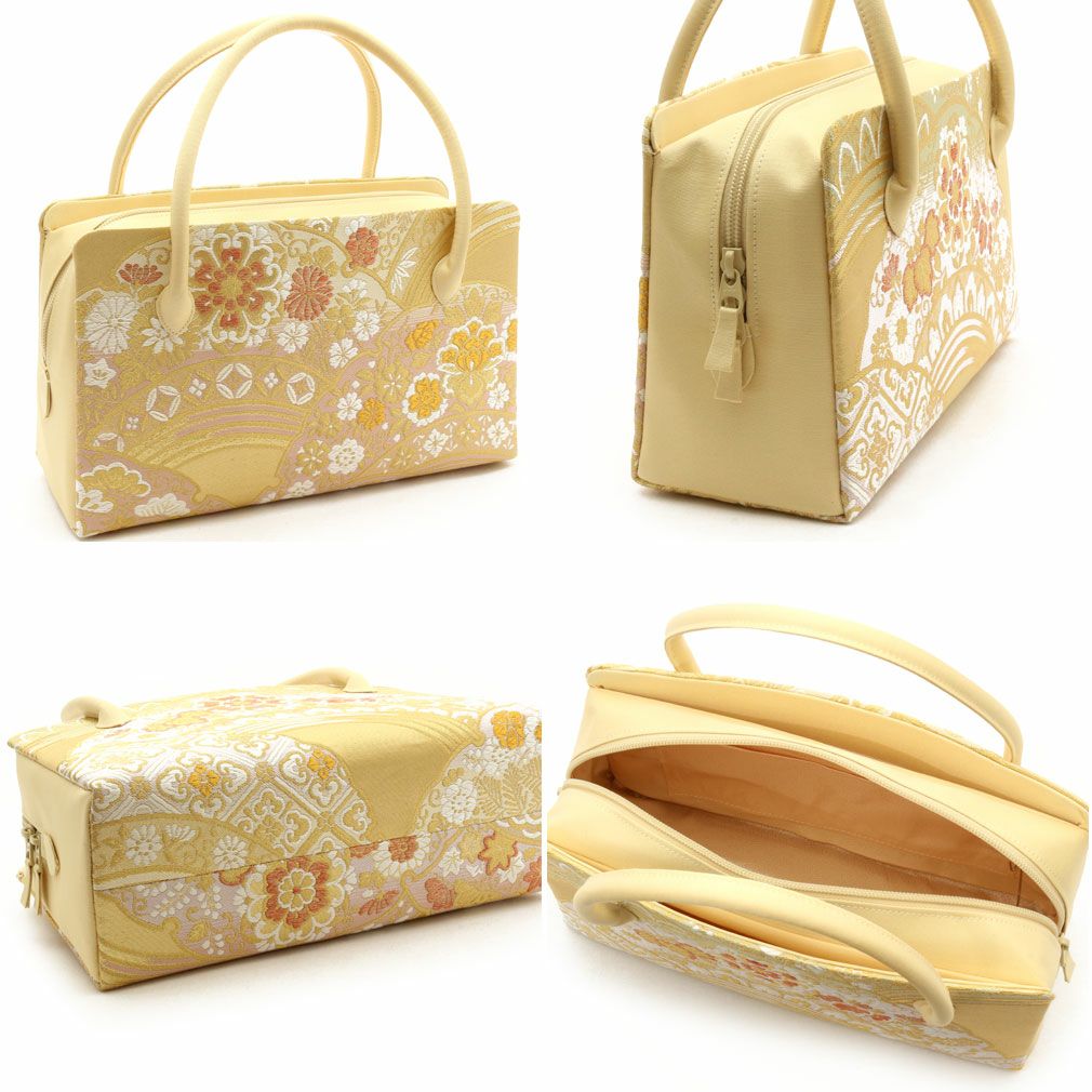 利休バッグ ＜クリーム＆ゴールド／雪輪華紋＞ 正絹帯地 日本製高級バッグ