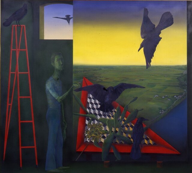 奥谷博「アーティチョクと赤ピーマン」油彩画 1989年 日動画廊シール付き