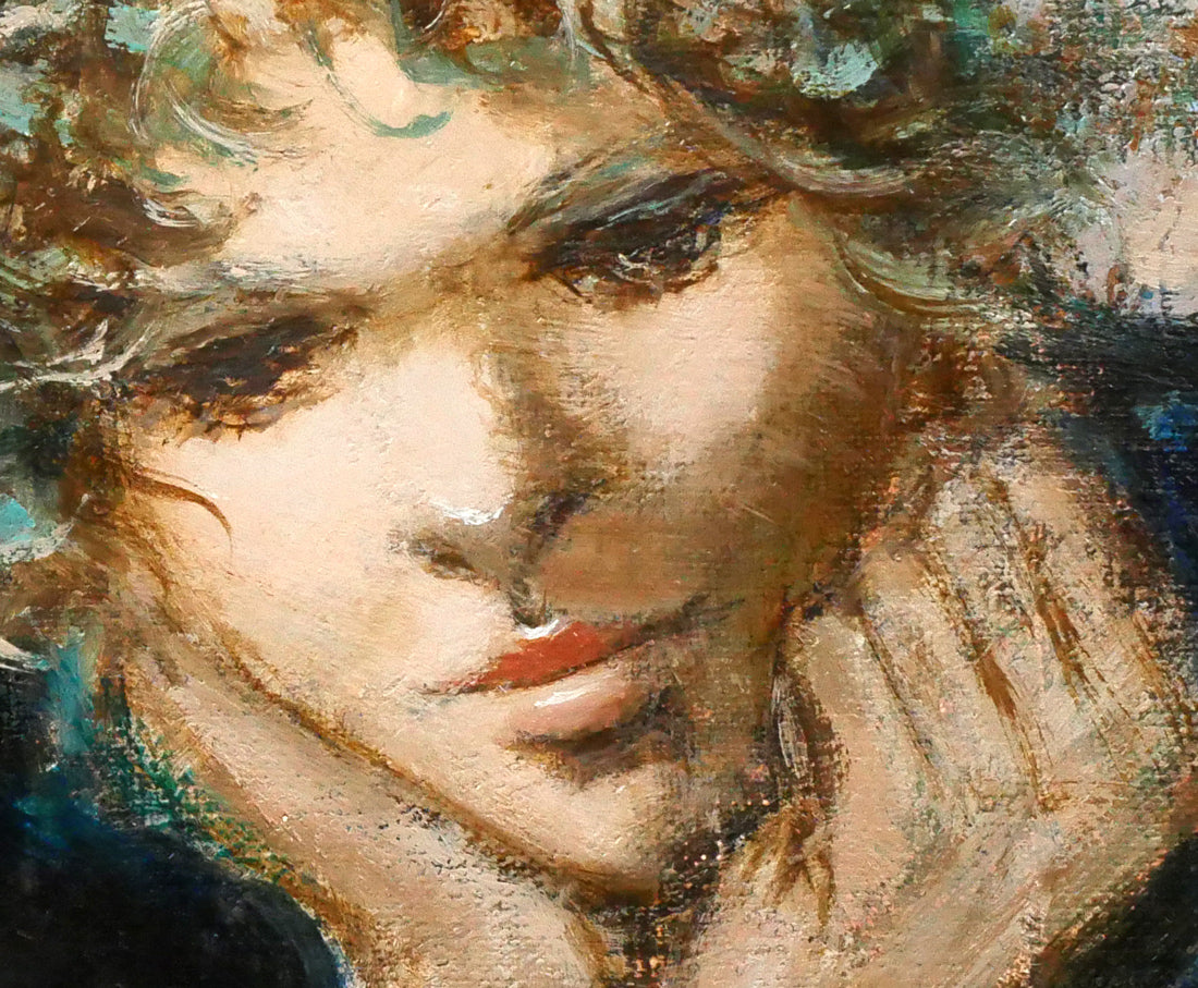 碓井正人「ほおづえをつく女」油絵・P8号 絵画買取・販売の小竹美術